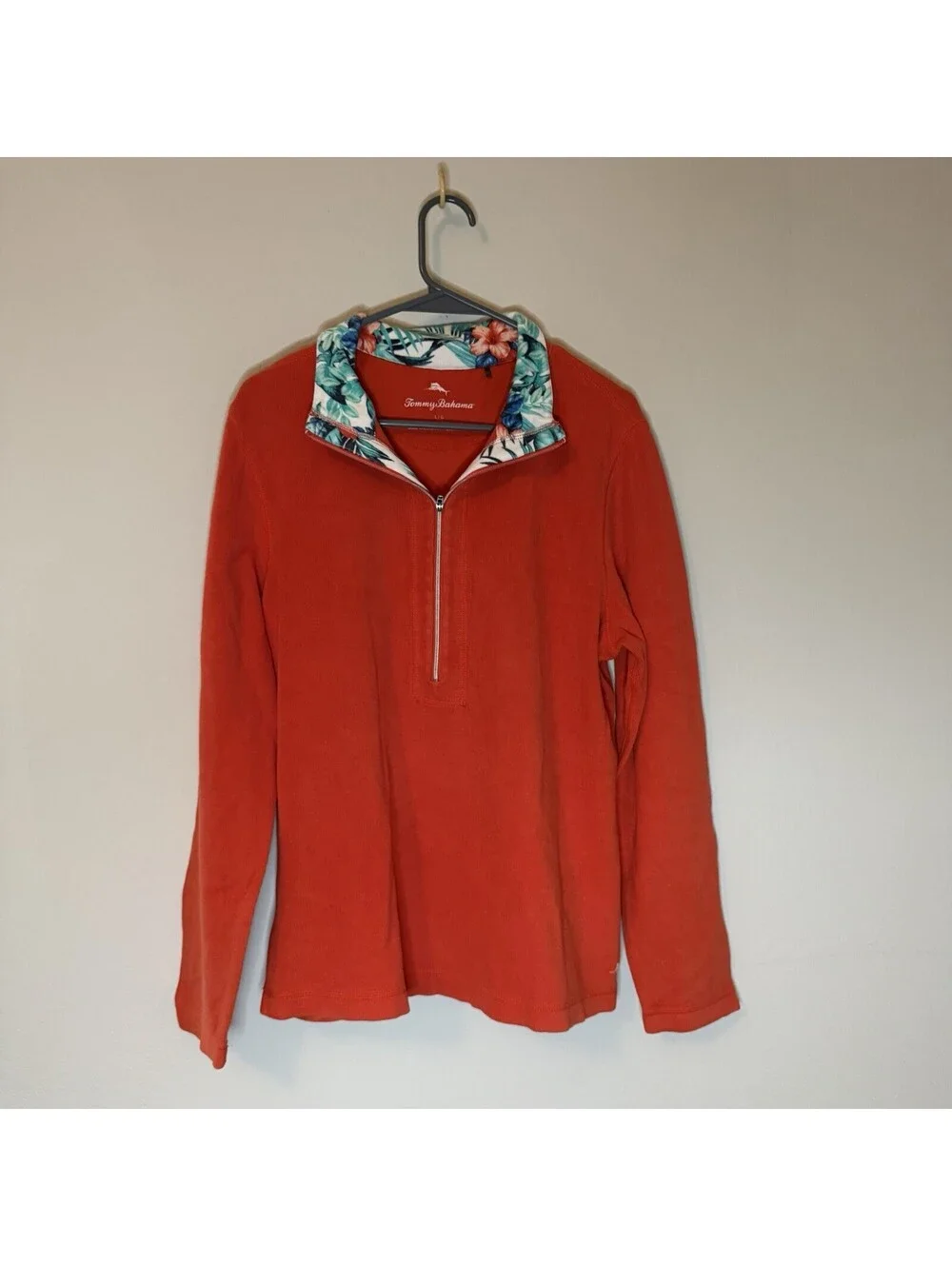 Tommy Bahama Men Large Quarter Zip Pullover Coral Tropical Collar Cotton